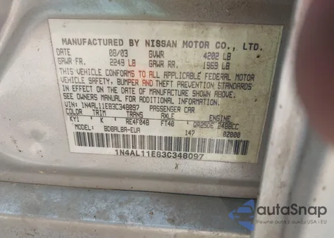 2003 Nissan Altima 2.5 S z USA, uszkodzony, nr VIN 1N4AL11E83C348097